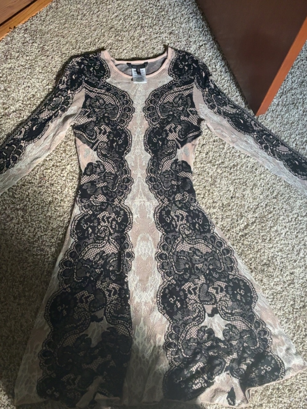 BCBGMaxAzria Black Lace Overlay on Blush Long Sleeve Fit-and-Flare Dress
